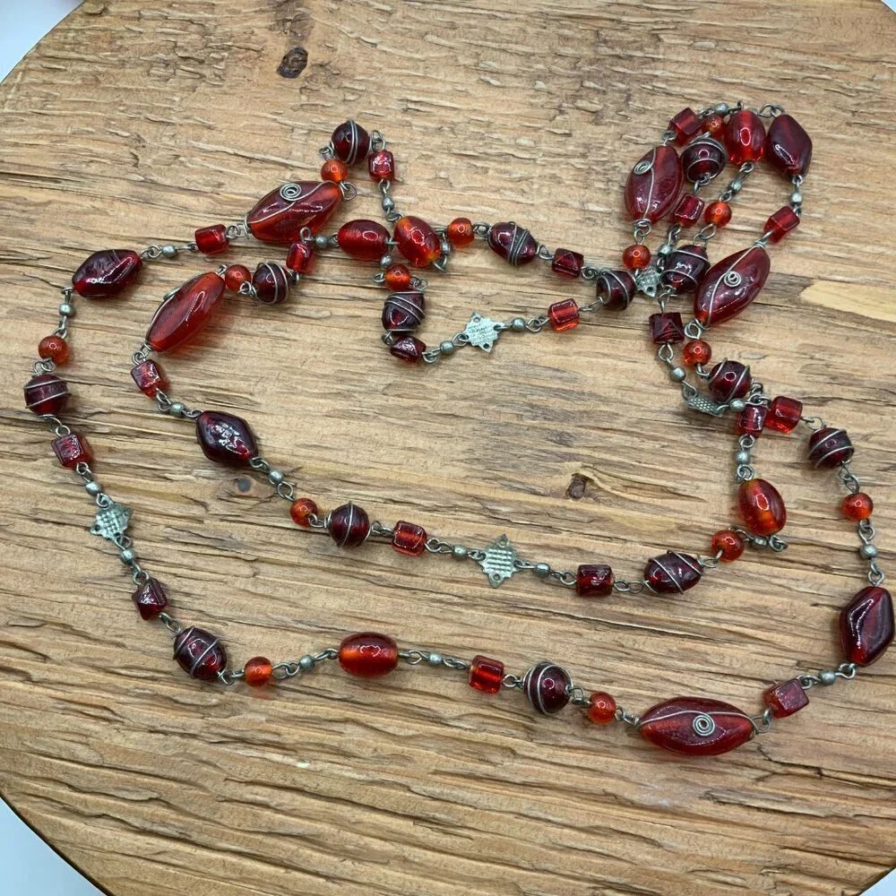 Handcrafted Vintage Style Boho Red Glass Beaded Metal Accent Long Necklace